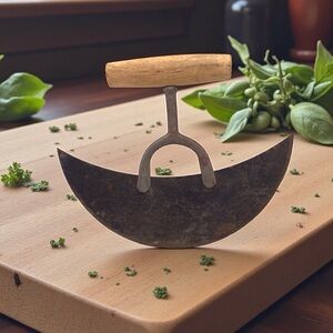 Vintage Antique Mezzaluna Herb Chopper Rustic Kitchen Tool Wood Handle 7” Blade